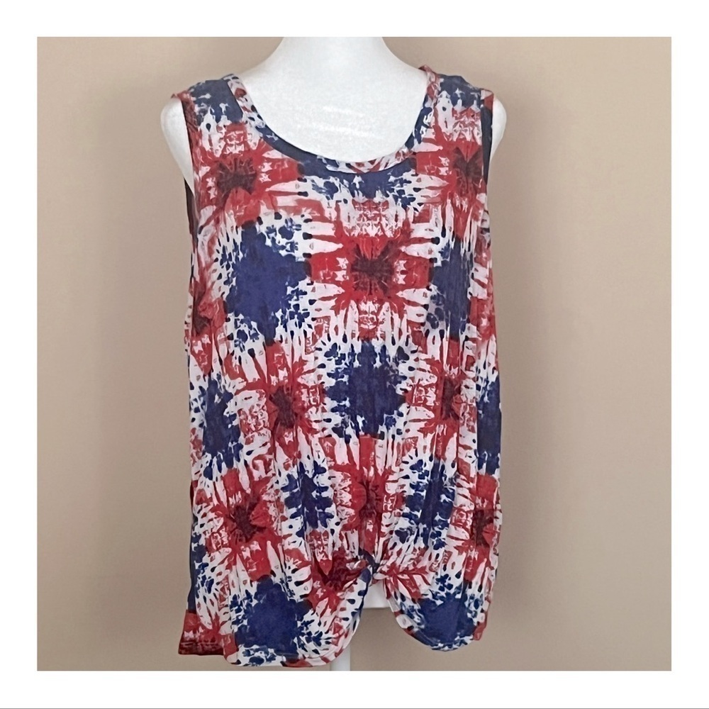 🩶 Firecracker Red, White & Blue Tie Dye Twist Front Tank || Size Large ❤️